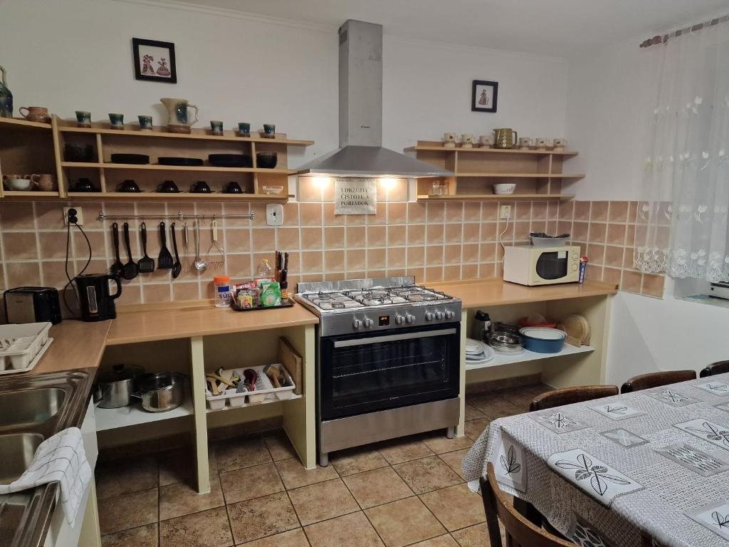 Vybavená spoločná kuchyňa v Penzióne Lea s jedálenským stolom